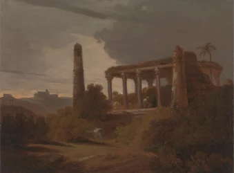 Paisaje indio con ruinas de templos