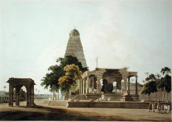El Gran Toro, un ídolo hindú, en Tanjore, lámina XXII de 