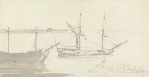 Dos barcos amarrados y un barco de pesca