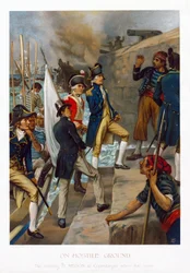 En tierra hostil. El desembarco de Horatio Nelson (1758-1805) en Copenhague (Dinamarca), después de la batalla (1801). Cromolitografía, hacia 1897, de Thomas Davidson (en activo, 1863-1903).