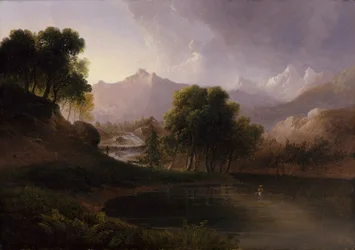 Paisaje con arroyo y montañas