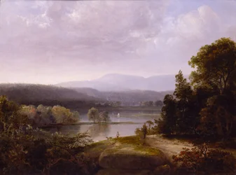 Vista al río con cazadores y perros