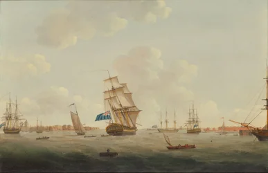 Panorámica del puerto de Portsmouth con hombres de guerra y otros barcos