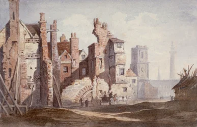 Demolición de casas antiguas cerca de Walbrook para dar paso a King William Street, Ciudad de Londres, 1834