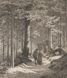 Interior de bosque con dos figuras