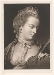 Mujer con cuello de encaje, diadema y abanico Hombre girado a la izquierda, y busto, mano debajo de la barbilla. Cabezas de tamaño natural (título de la serie) Cabezas de tamaño natural (título de la serie)