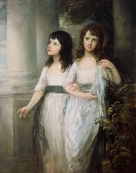 Un retrato de grupo de las señoritas Sloper, ambas de pie casi de cuerpo entero en vestidos blancos con fajas azules