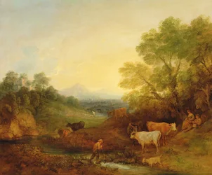 Un paisaje con ganado y figuras junto a un arroyo y un puente distante, c.1772-4