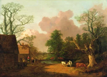 Un paisaje con figuras, edificios de granja y una lechera, c.1754-6