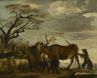 Un campesino conduciendo ganado, ovejas y cabras en un paisaje, c.1785
