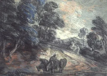 Paisaje boscoso con caballos bebiendo
