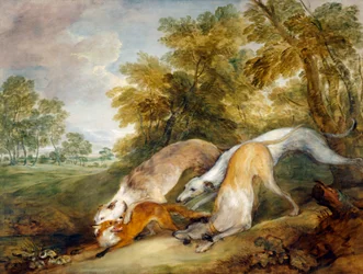 Galgos persiguiendo a un zorro (óleo sobre lienzo)