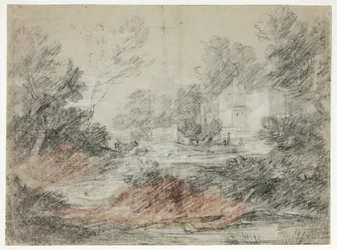 Paisaje con edificios junto a un arroyo
