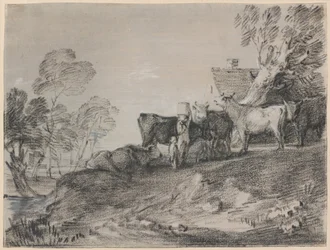 Paisaje con ganado junto a una cabaña