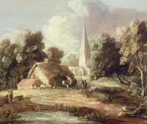 Paisaje con una iglesia, cabaña, aldeanos y animales, c.1771-2