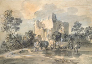 Paisaje con un castillo en ruinas y ganado junto a un estanque