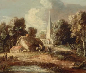 Paisaje con cabaña e iglesia