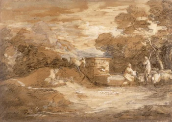 Paisaje montañoso con figuras, ovejas y fuente, c.1785-88