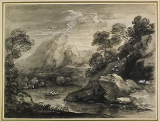 Paisaje montañoso con un barco en un lago, 1777-80