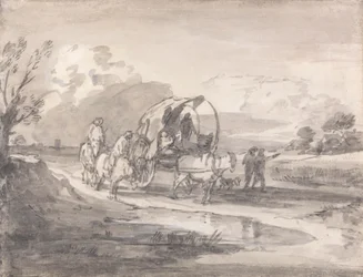 Paisaje abierto con jinetes y carro cubierto