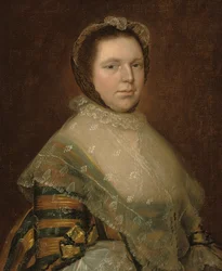 Retrato de Elizabeth Prowse, medio cuerpo, con un vestido azul y dorado