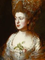 Retrato de la señorita Mary Gainsborough, luego Sra. Fischer, la hija del artista, cabeza y hombros, mirando a su derecha, vistiendo un vestido azul y blanco con una rosa rosa en su corsé
