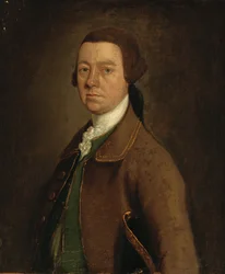 Retrato de Sir Francis Skipwith, medio cuerpo, con un abrigo marrón y chaleco verde con un sombrero bajo su brazo izquierdo