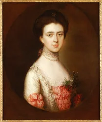 Retrato de una dama, busto, con un vestido rosa y blanco adornado con encaje y un collar de perlas