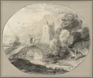 Paisaje fluvial con un puente y una iglesia