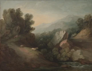 Paisaje rocoso y boscoso con un valle y una presa, c.1782-83