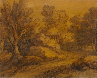 Escena con un camino serpenteando a través de un bosque, c. 1770