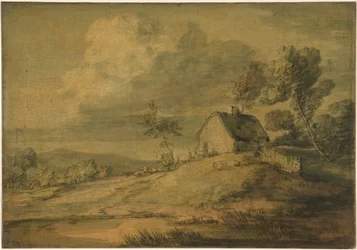 Paisaje boscoso con cabaña, vacas y ovejas