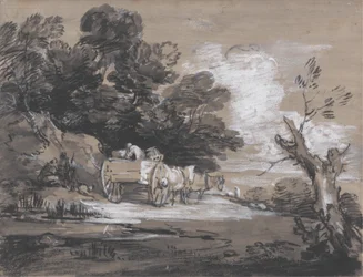 Paisaje arbolado con carro de campo y figuras
