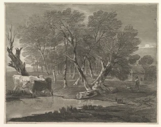 Paisaje boscoso con vacas junto a un estanque, figuras y cabaña, 1775-80