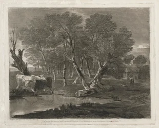 Paisaje Boscoso con Vacas junto a un Estanque, Figuras y Cabaña, publicado en 1797