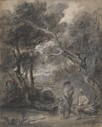Paisaje arbolado con figuras