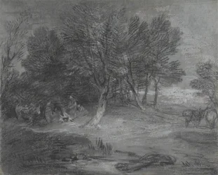 Paisaje boscoso con campamento gitano