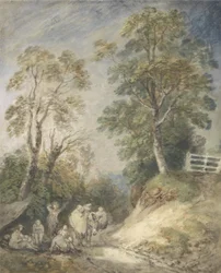 Paisaje boscoso con campamento gitano, c.1760-65
