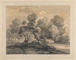 Paisaje boscoso con pastor y vacas
