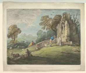 Paisaje boscoso con campesino leyendo lápida, amantes rústicos e iglesia en ruinas