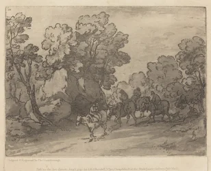 Paisaje boscoso con jinetes