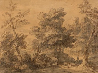 Paisaje boscoso con pastor y ovejas