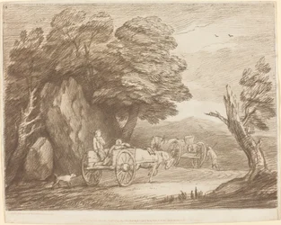 Paisaje boscoso con dos carros de campo y figuras