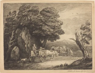 Paisaje Boscoso con Dos Carros de Campo y Figuras