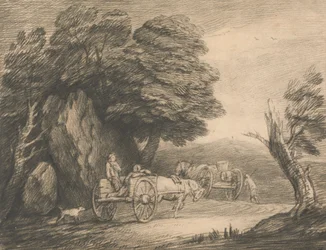 Paisaje arbolado con dos carros de campo y figuras