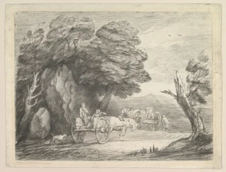 Paisaje boscoso con dos carros de campo y figuras