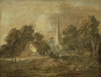 Paisaje boscoso con escena de pueblo