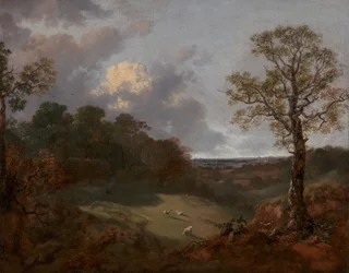 Paisaje boscoso con una cabaña y un pastor