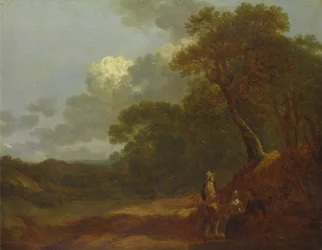 Paisaje boscoso con un hombre hablando con dos mujeres sentadas, ca. 1745