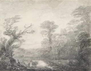 Paisaje boscoso con pastor, vacas y torre de iglesia, 1753-1757